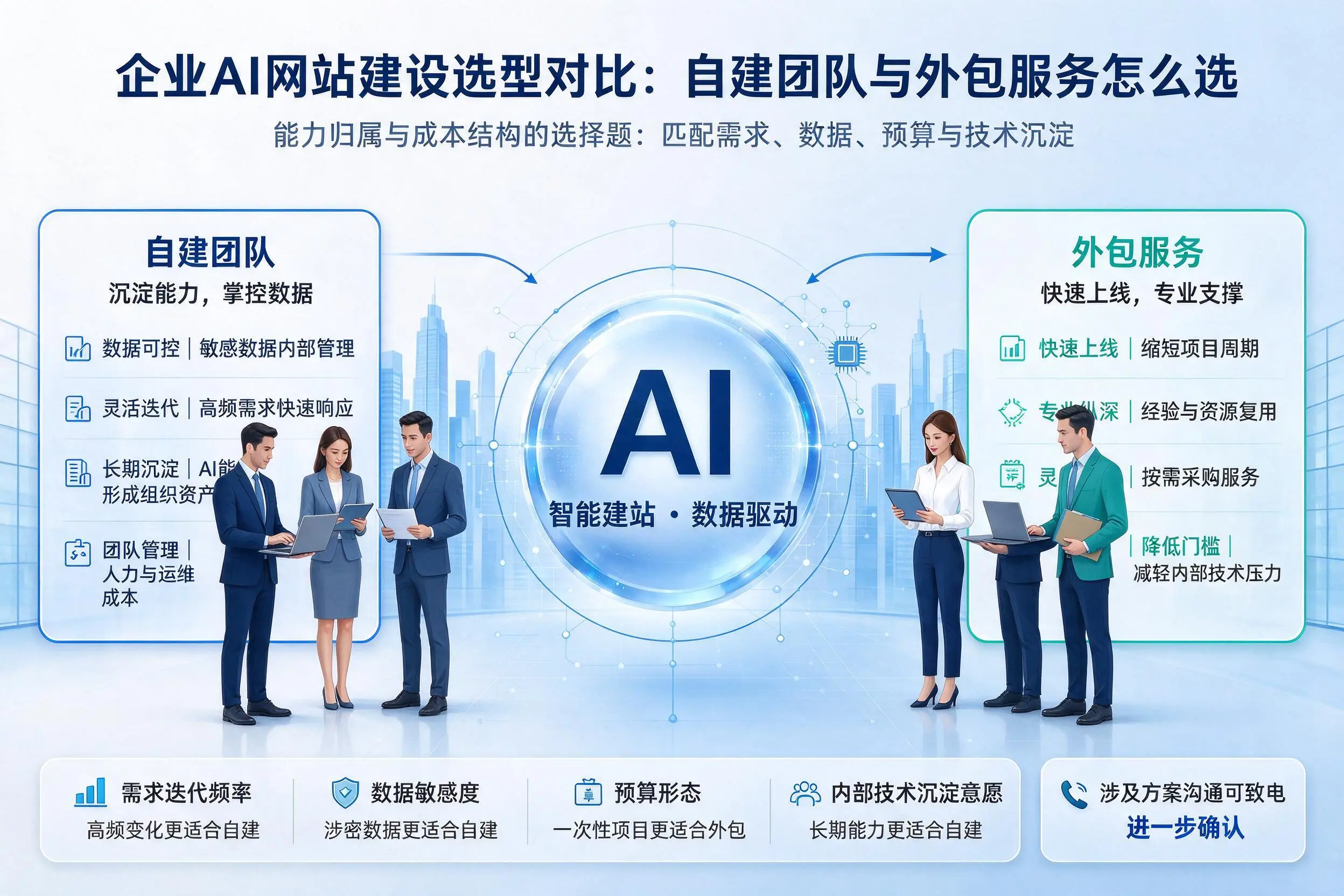 伊犁企业AI网站建设选型对比:自建团队与外包服务怎么选